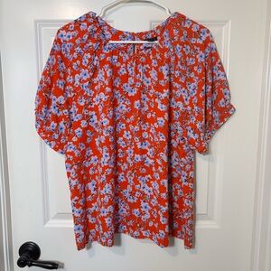 Ann Taylor Red Floral Shirred Ruffle Puff Sleeve Blouse Women’s M